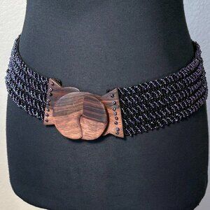 Gorgeous Vintage Beaded Belt Black with Wood Buckle 33.5 ” Stretch to approx 40"